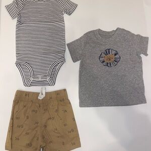 Striped Onesie and Lion T-Shirt with Tan Shorts Set